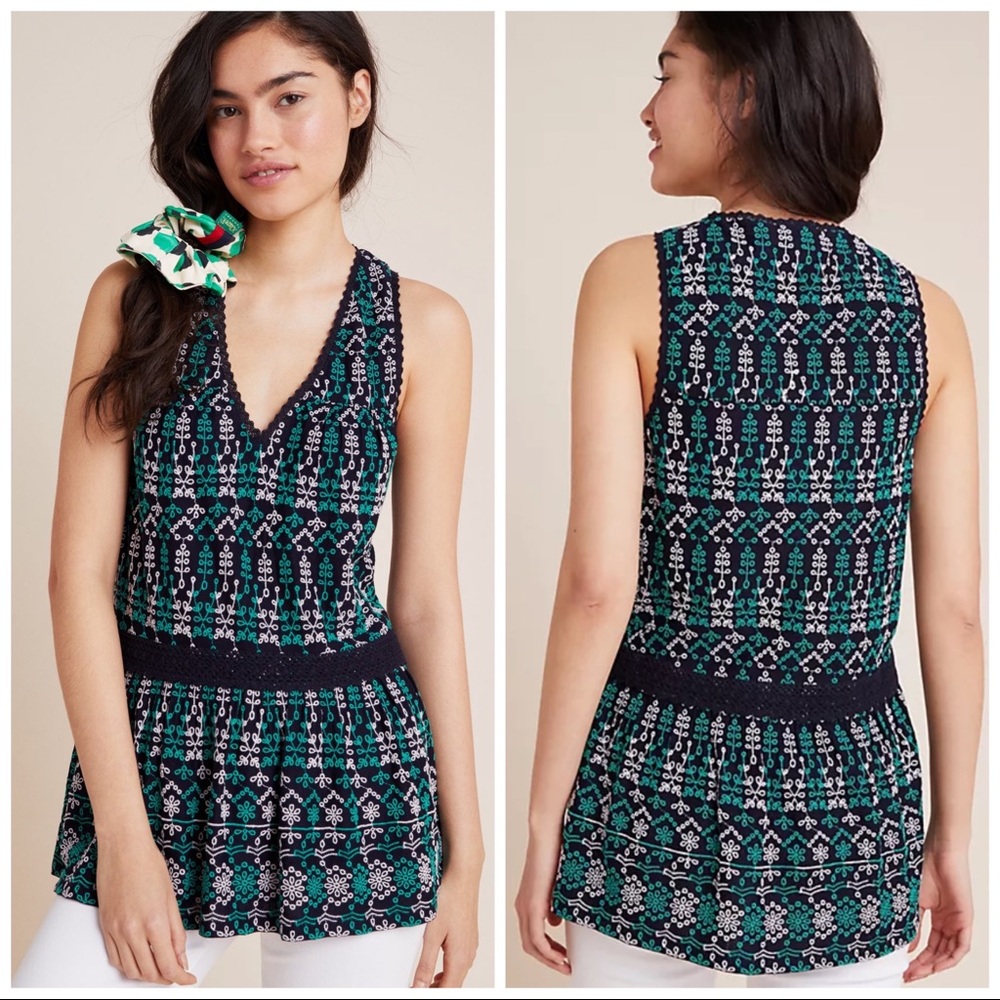 •MAEVE• Anthropologie Navy Blue Cammie Embroidered Peplum Sleeveless Top Size XS